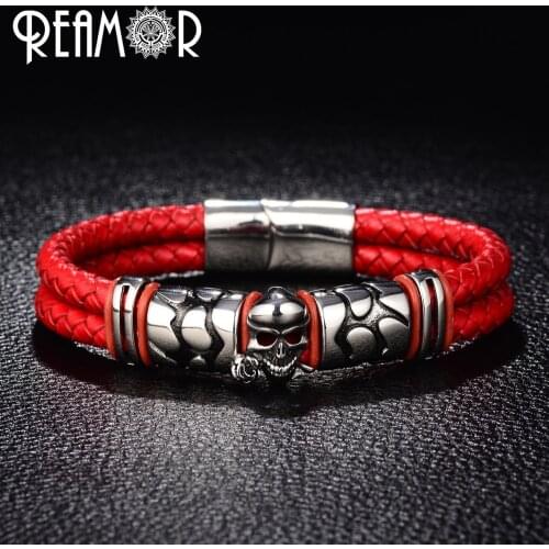REAMOR 316L Stainless Steel Skeleton Rose Male Bracelets Skull Head Bracelet Double Braided Leather with Magnet Buckle Bangles