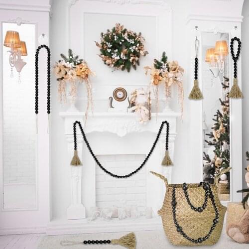 Black Gray Wood Bead Garland Set With Tassels DIY Wooden Sign Pendant Tassle Farmhouse Beads Home Decoration Natural Wood Bead