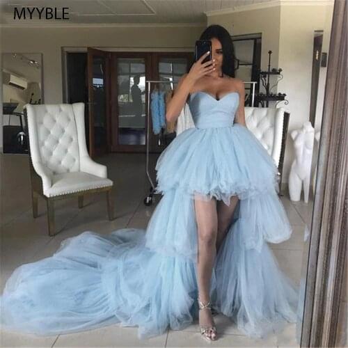 Sky Blue Hi-Lo Evening Dresses 2020 Strapless Zipper Back Tulle Long Train Youth High Low Formal Party Prom Gowns Robe De Soirée