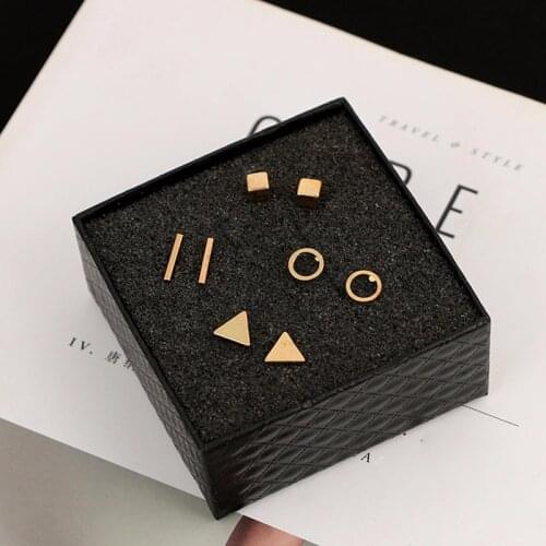 New Arrival Round Square Triangle Shaped Stud Earring Gold Black Silver Color Alloy Korean Earring Women Ear Jewelry 4Pair/set