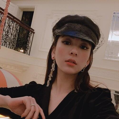 Fascinating Black PU Hat Chic Leather French Beret With Veil Mesh Show Double Layer Women Beret Beanies Cap