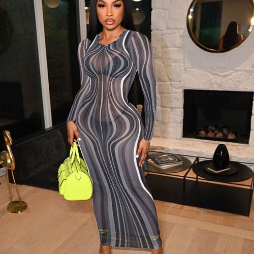 Sexy Sheer Mesh Party Maxi Dress Women Club Wear Birthday Outfits Striped Print Bodycon Dress Midnight Long Dress Robe Longue