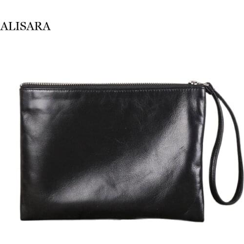 Alisara Clutch Bags Men First Layer Leather Luxury Top End Sheepskin Casual Zipper Long Wallets Phone Bag Big Capacity Purses