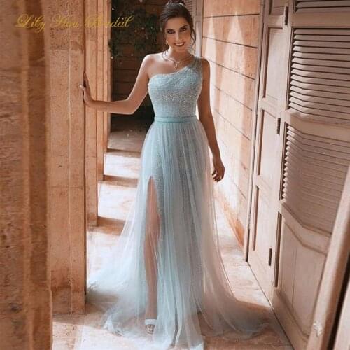 Sage One Shoulder Evening Dresses Sleeveless Side Slit Sparkly Sequins Sheer Tulle Long Formal Prom Party Gowns