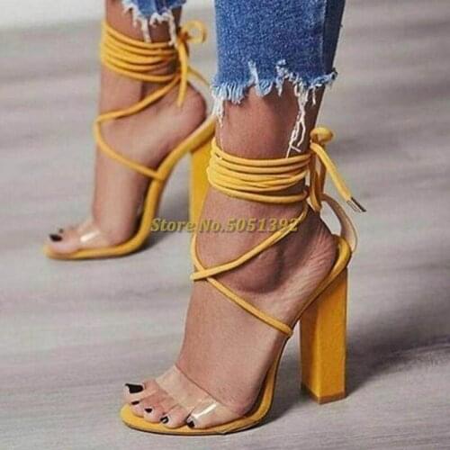 Square Heel Lace Up Sandals Open Toe Clear PVC Summer Women Shoes Custom Made High Block Heel Cross Strap Sandal