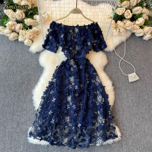 Smlinan Women Vintage Office Midi Dress Summer Slash Neck Embroidery Floral Short Sleeve Dresses Sexy Club Evening Party Dress