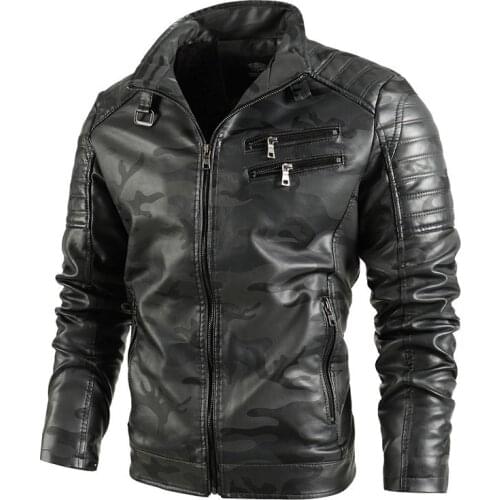 Vintage Motorcycle Jacket Winter Mens Jacket PU Camouflage Thick Warm Mens Fashion New Biker Leather Jacket Male Bomber Coats