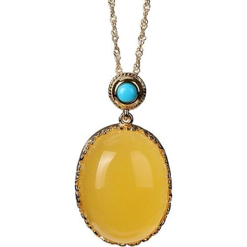 925 sterling silver gold-plated natural amber beeswax pendant vintage plum egg noodles womens chain necklace pendant