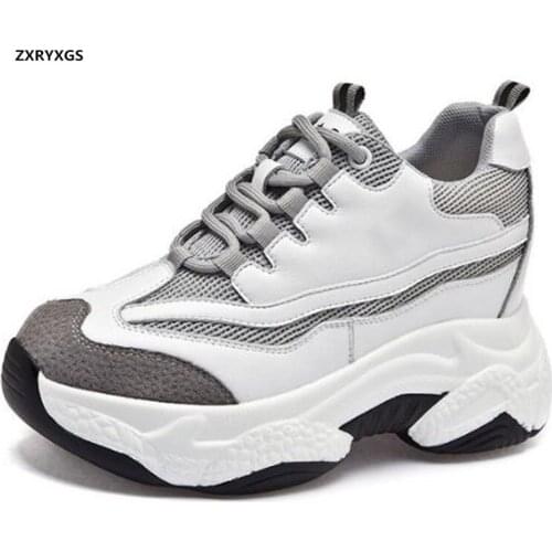 Hot 2020 New Lace-up Breathable Mesh Genuine Leather Shoes Women Sneakers Light Comfort Increased Within High Heels Casual Shoes