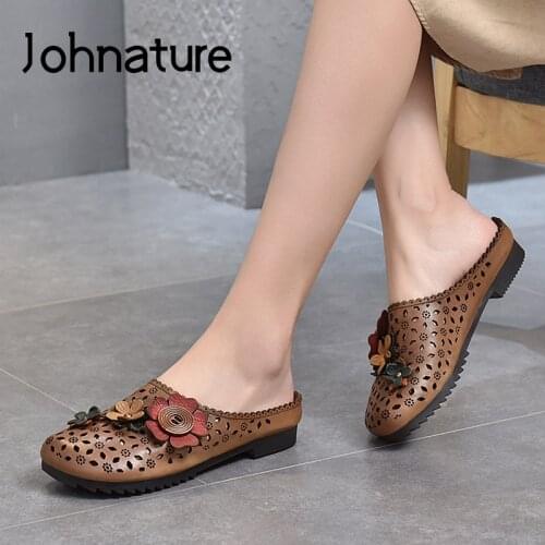 Johnature Women Slippers Genuine Leather Summer Shoes Outside Floral Flat With Leisure 2021 New Handmade Concise Retro Slides