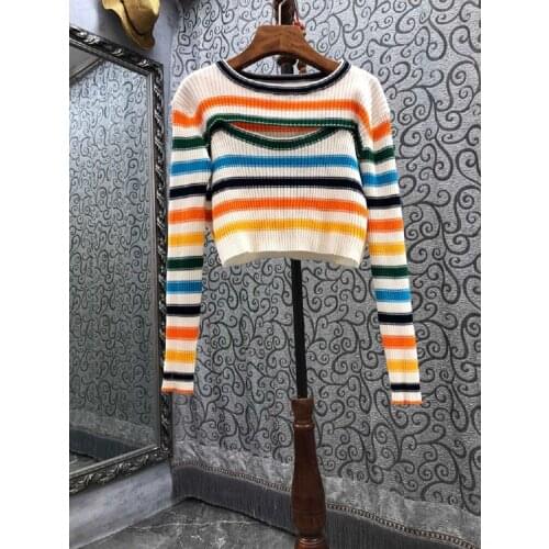 One Piece Sweaters 2021 Autumn Winter Fashion Pullovers High Quality Women Sweet Rainbow Color Print Knitting Long Sleeve Jumper