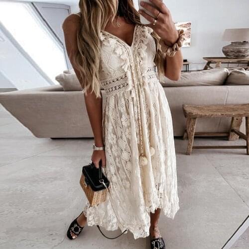 Summer Sleeveless Lace Long Dress Women V-Neck Solid Lady Dress Vintage Elegant Off Shoulder Hollow Out Mesh Loose Maxi Dresses
