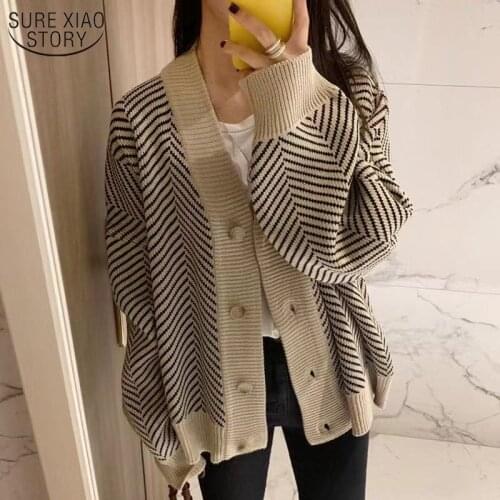 Vintage Lazy Wind Single Row Buckle Sweater V-neck Korea Cardigan Loose Chic Loose Irregular Diamond Texture Coat Woman 12031