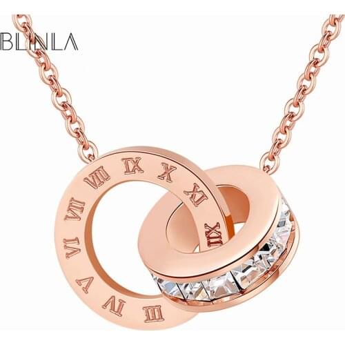 BLINLA New Korean Luxury Crystal Gold Necklaces for Women Double Round Stainless Steel Roman Numeral Wedding Pendant Necklace