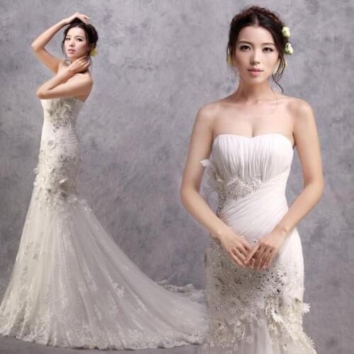 Free shipping fish tail fashion bride white long organza plus size Venice lace Mermaid bridal gowns Bespoke Wedding Dresses