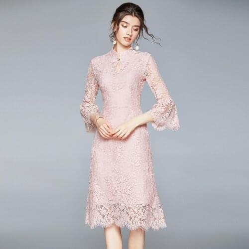 Summer Vintage Black Lace Midi Dress 2021 Korean Women Elegant Flare Sleeve Party Casual Bodycon Pink Runway Vestidos k1104