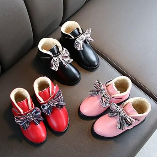2021 Childrens Snow Boots Girls Dress Boots Autumn Winter Princess Shoes Bowknot Plush Ankle Leather Boots for Girl CSH966