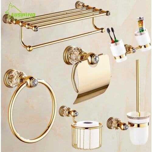 Antique Gold Polish Gold Brass Finish Bathroom Accessories European Bathroom Hardware Set Luxury Crystal Bathroom Products