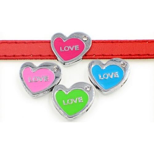 8mm Hole Pink Blue Green Love Heart Slide Charms Beads DIY Accessories Handmade Jewelry For 8mm Bracelets Key Chains Pet Collar