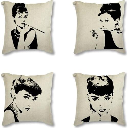 Black Audrey Hepburn Poster Movie Star Picture Printed Seat Cushion Cover Sofa Decorative Pillowcase Throw Pillow Case 45x45cm