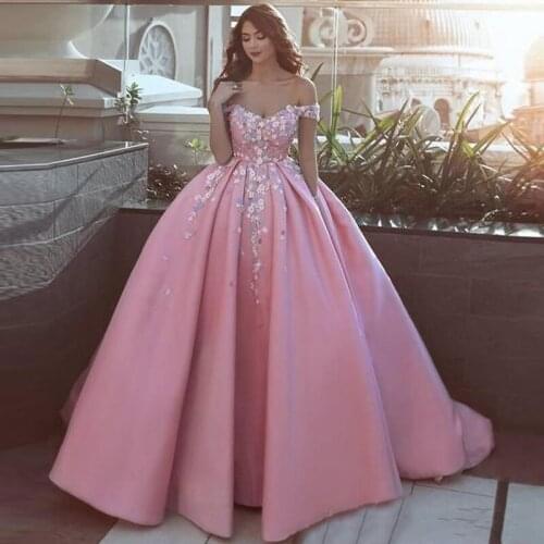 2019 Off Shoulder Long Prom Dress with Appliqued 3D Flowers Pink Ball Gown Formal Party Dresses Evening Wear Custom Vestido long