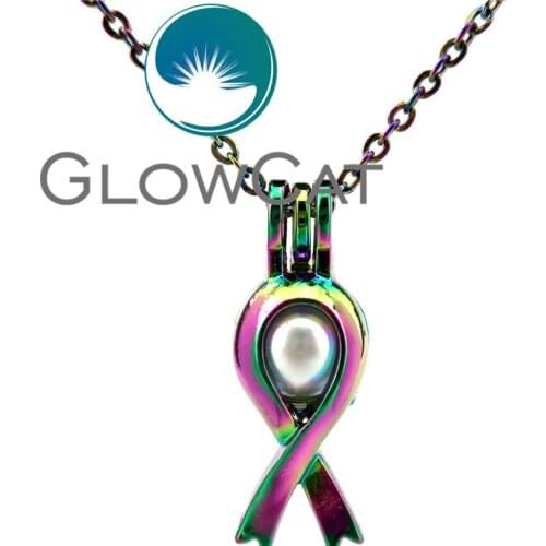 GLOWCAT CC285 Multicolors Breast Cancer Ribbon Beads Cage Pendant Essential Oil Diffuser Aromatherapy Pearl Cage Locket Necklace