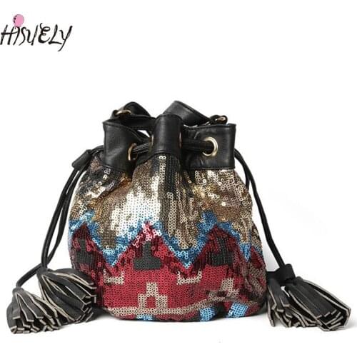HISUELY Hot Sale Sequins Bucket Bag Women PU Leather Handbag Tassels Fashion Designer Colorful Shoulder Bag Ladies Messenger Bag