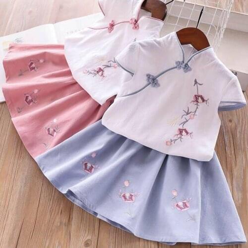 Baby Girls Hanfu Clothes Set for Childrens Clothes 2021 New Princess Kids Retro Chinese Style Cotton and Linen Tops Skirt Suit