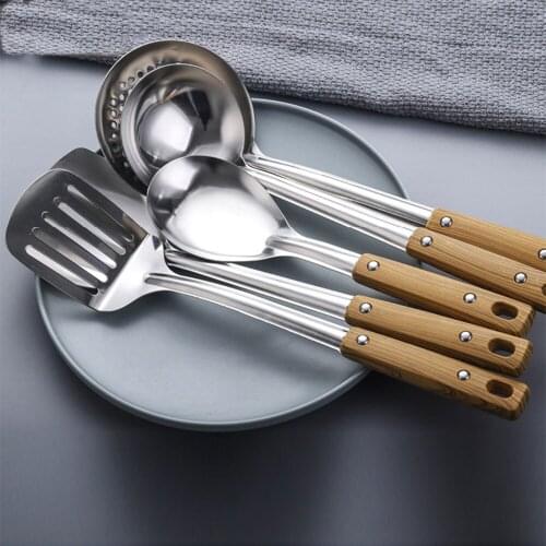 Stainless Steel Spatula with Wooden Handle Soup Spoon Frying Spatula Colander Insulated Kitchen Utensils Kitchen Cookware Set