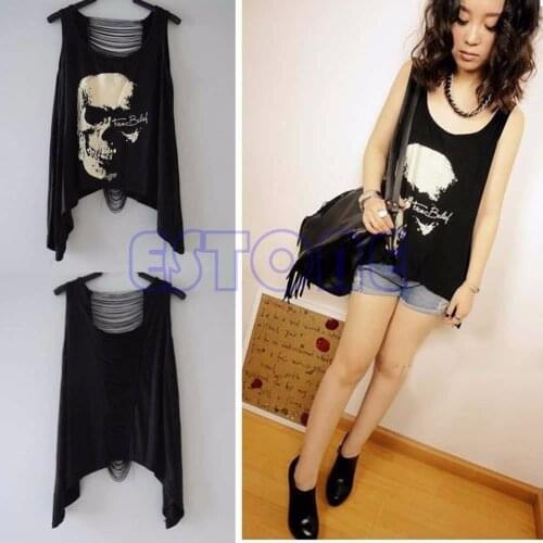Fashion Gothic Skull Backless Sexy T Shirt Tank Vest Punk Rock Summer Singlet Tassel Black/White