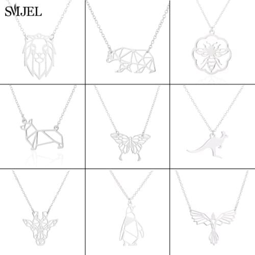 SMJEL Origami Butterfly Necklaces Women Link Chain Stainless Steel Animal Dog Giraffe Penguin Bear Pendant Statement Necklace