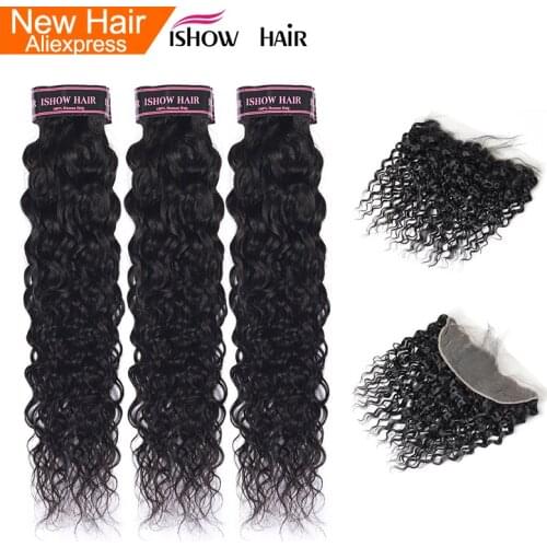 Ishow Water Wave Bundles With Frontal Pre Plucked Indian Hair 3 Bundles With Closure Non Remy Human Hair Bundles With Closure