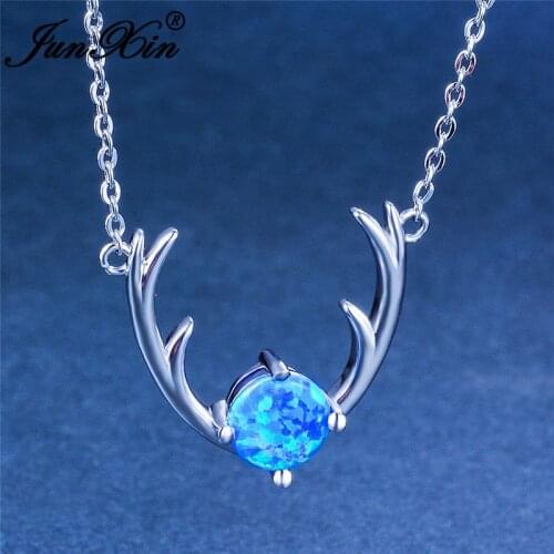 Cute Elk Antler Pendant Round Blue White Fire Opal Necklaces For Women Silver Color Christmas Jewelry Wedding Short Necklace