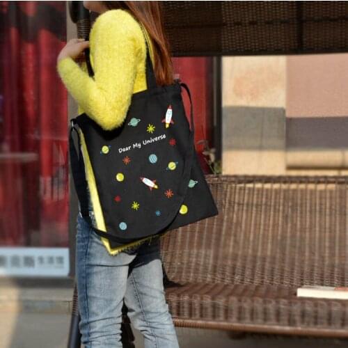 Women Messenger Bags Canvas Shopping Bags Cotton Cloth Shoulder Crossbody Bags Casual Handbags Tote for Girls Black White