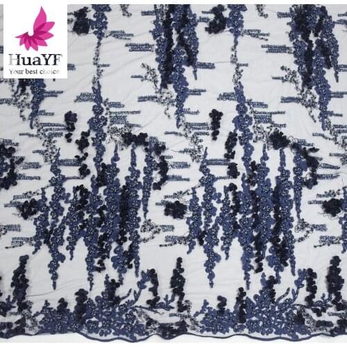 Navy Blue Fashion 3d Flower With Beads Tulle Lace Sequins Dress Fabric HY1087
