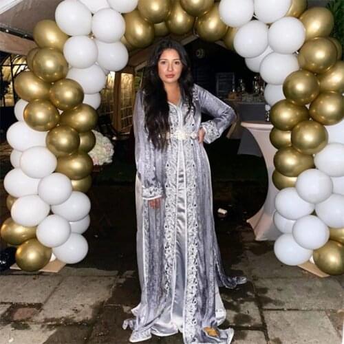 Velour Silver Muslim Evening Dress Applique Lace Moroccan Kaftan Prom Dresses Custom Made Plus Size Dubai Arabic Formal Dresses