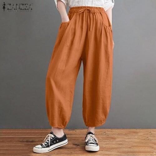 Womens Autumn Trousers ZANZEA Vintage Harem Pants Elastic Waist Long Pantalon Female Casual Solid Drawstring Turnip Oversize