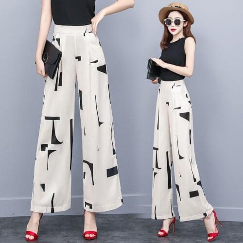 High Waist Pants Women 2019 Summer Chiffon Print Long Trousers Drape Bottoms Elegant Wide Leg Pants Femme OS047
