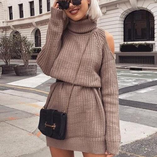 Sweaters Ladies 2018 Autumn Winter Long Knitted Pullovers Sweater Dress Women Off Shoulder Turtleneck Solid Sweater Mujer