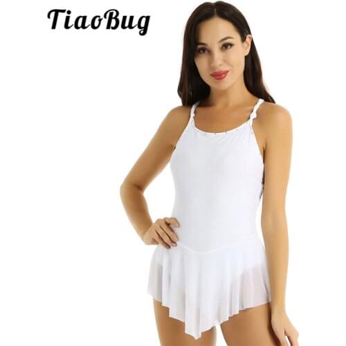 TiaoBug Women Sleeveless Shiny Rhinestones Ballet Gymnastics Leotard Figure Skating Dress Performance Competition Dance Costume