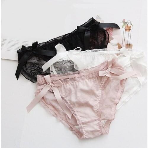 Sexy Mesh Lace Hollow Transparent Women Panties Low Waist Bow Seamless Thin Underwear Princess Style Cute Female Lingerie Breifs