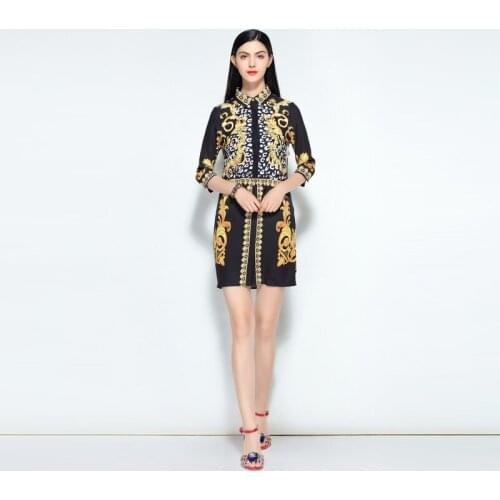 Europe Fashion 2020 Summer New Arrival Turn-down Collar Half Sleeve Pattern Print A-Line Elegant Above Knee Dress Women