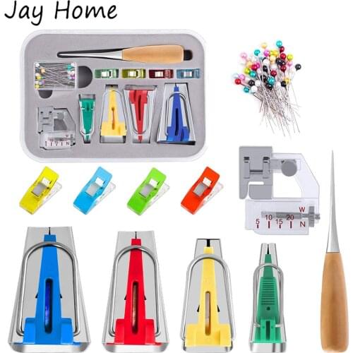 11Pcs Fabric Bias Tape Makers Kit 6/12/18/25mm & Wooden Awl Bead Needles Binder Foot Plastic Clip DIY Craft Quilting Accessories