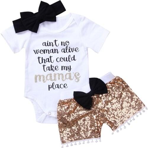 3PCS Set Newborn Baby Girl Clothes Short Sleeve Letter Print Cotton Bodysuit Top Sequins Bow Tassel Shorts Headband Outfits Set