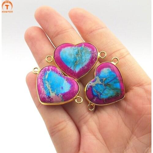5pcs Fashion Natural Blue Emperor Stone Heart Shaped Pendants Diplopore Connector Charm Woman Jewelry Making Necklace Bracelet