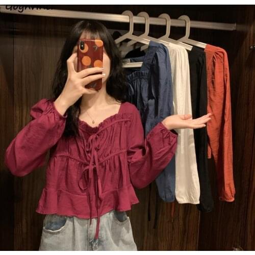 Blouses Women Solid Design Sweet All-match Simple Korean Long Sleeve Top Woman Elegant Ruffles Fashion Loose Streetwear Chic New