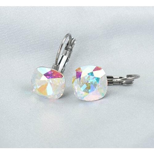 Women Stainless Steel Jewelry Colorful Green Blue Square Crystal Drop Earrings For Women Geometric Earings