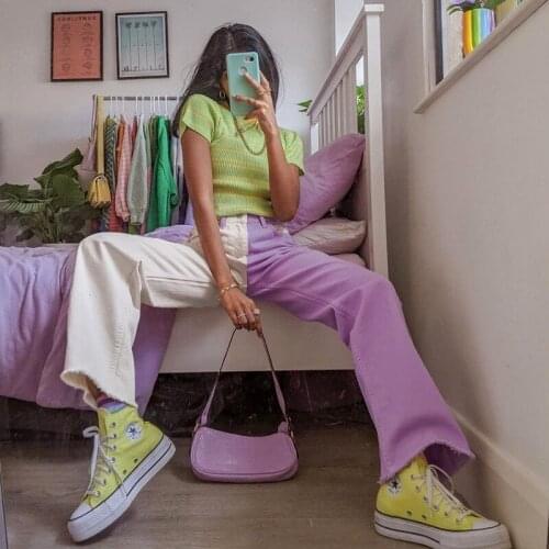 New Hip Hop High Waist Panelled Jeans Women Patchwork straight Jeans Ladies Trousers Female White Purple Denim for Woman