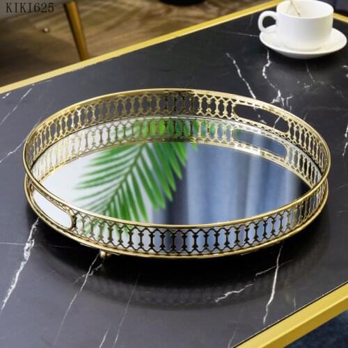 European Hollow Mirror Tray Gilded Metal Dessert Fruit Storage Tray Modern Bedroom Art Decoration Jewelry Cosmetic Display Tray