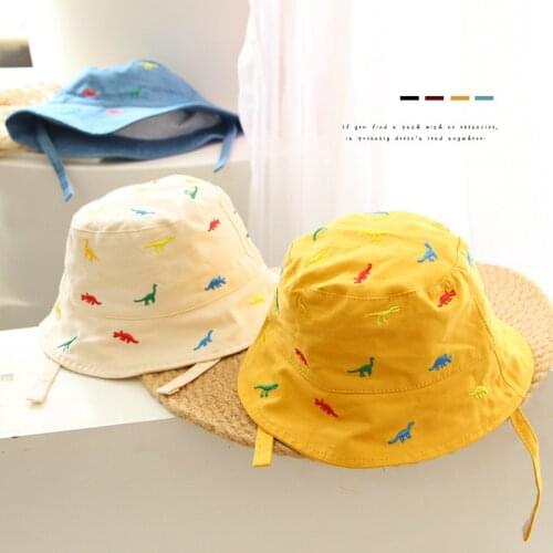 FOCUSNORM 4 Colors Summer Casual Kids Girls Boys Fisherman Cap Dinosaur Embroidery Bucket Hat
